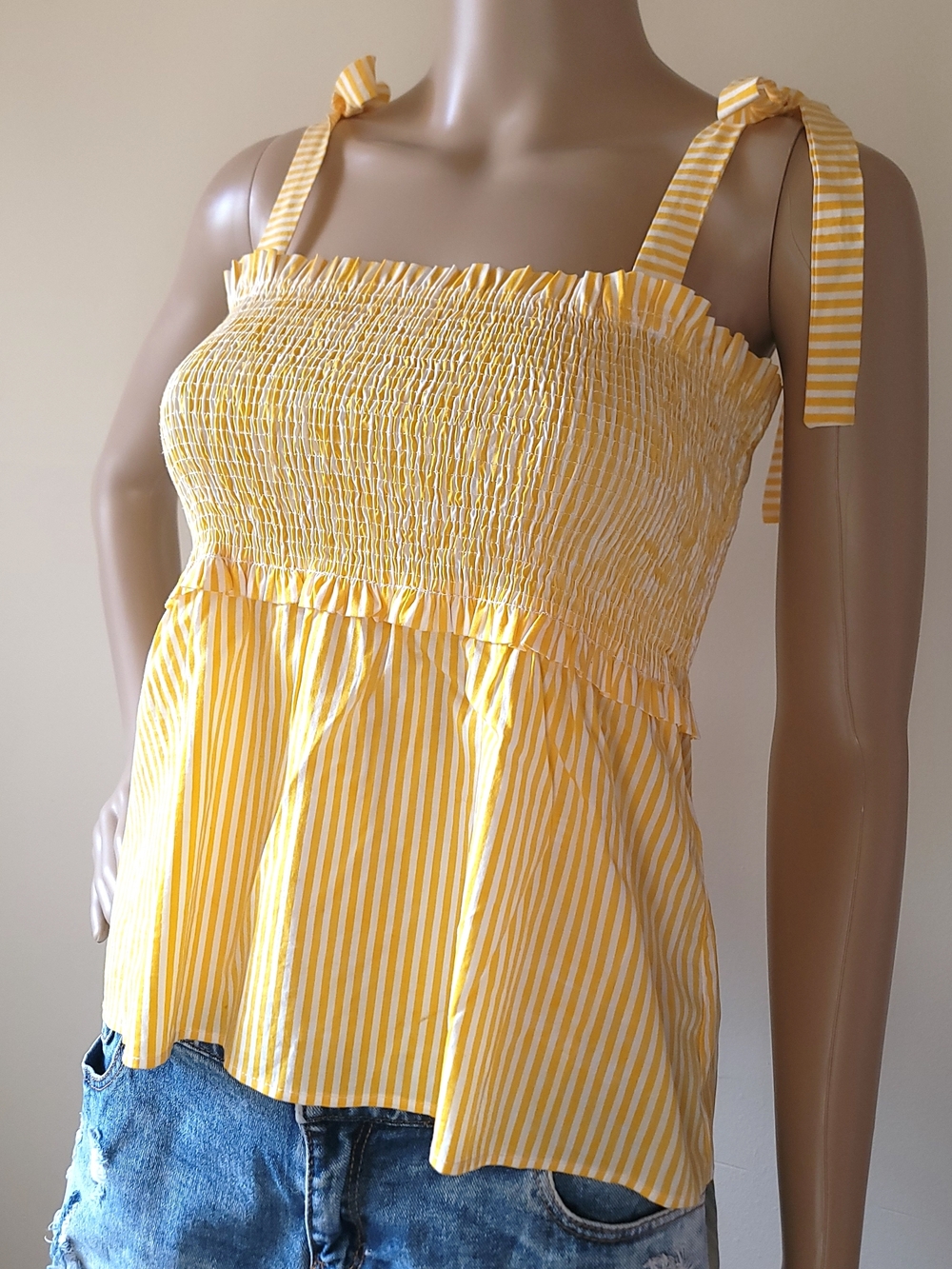 Yellow Stripe Smocked Tie-Shoulder Cami Small
